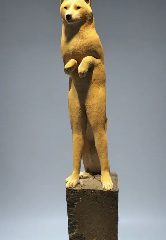 Prompt: ancient roman statue of a shiba inu inside an alien museum