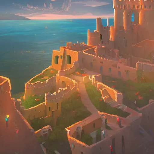 Image similar to View of the Castle of Peñiscola, mattepainting concept Blizzard pixar maya engine on stylized background splash comics global illumination lighting artstation lois van baarle, ilya kuvshinov, rossdraws