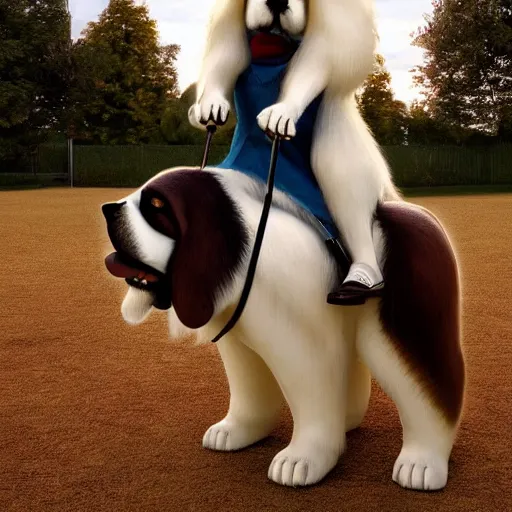 Image similar to girl riding a giant saint Bernard at the park that is catching a ball, trending on artstation