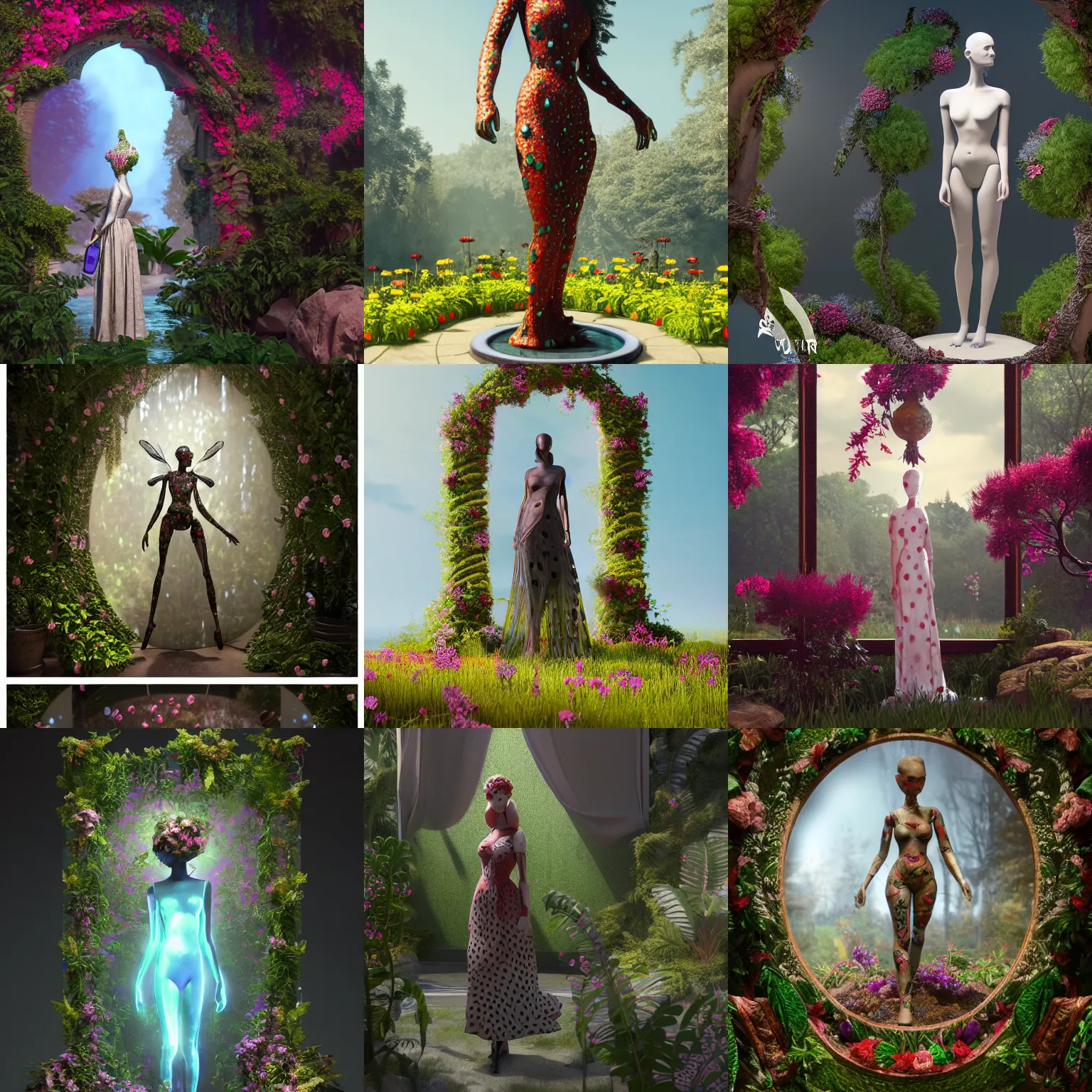 Prompt: a mannequin sculpted out of glass, a portal to a new world with flowering polka dot plants, 8k, tarot card with ornate border frame, trending on Artstation, 8k, photorealistic, hyper detailed, unreal engine 5, IMAX quality, cinematic, epic lighting, in the style of Greg Rutkowski
