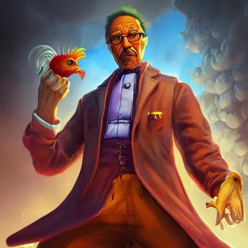 Image similar to Gustavo Fring the Chicken Mage, Fantasy Illustration by Tony Sart, trending on artstation