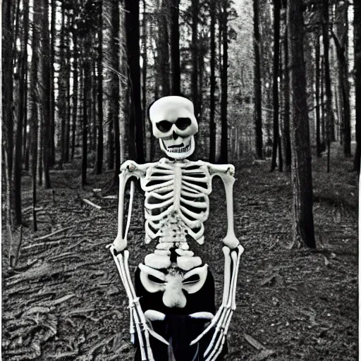 Prompt: film photography, portrait of skelleton standing in a forrest, 35mm, film photo