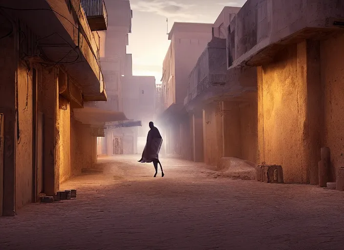 Image similar to old jeddah city alley, roshan, old shops, horse, magical glowing sand gateway to another dimension, a man wearing a white robe standing watching over, fantasy, dramatic lighting, dawn, by caspar david friedrich, unreal engine 5