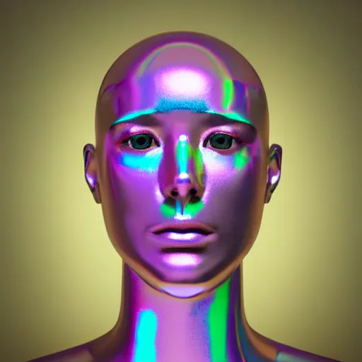 Image similar to 3d render of holographic human robotic head made of glossy iridescent, surrealistic 3d illustration of a human face non-binary, non binary model, 3d model human, cryengine, made of holographic texture, holographic material, holographic rainbow, concept of cyborg and artificial intelligence