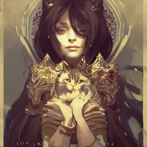 Image similar to A heraldic queen kitty cat with big cute eyes, D&D, fantasy, intricate, cinematic lighting, highly detailed, digital painting, artstation, concept art, smooth, sharp focus, illustration, art by Akihiko Yoshida, Greg Rutkowski and Alphonse Mucha