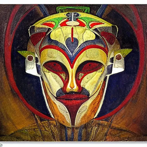 Image similar to head of a shaman wearing a mask made of enamelled flowers, by annie swynnerton and jean delville and john watkiss and rufino tamayo and diego rivera, art deco shaman, stylized geometric flowers, art brut, symbolist, dramatic lighting, god rays, clean crisp graphics, smooth sharp focus, extremely detailed, adolf wolfli