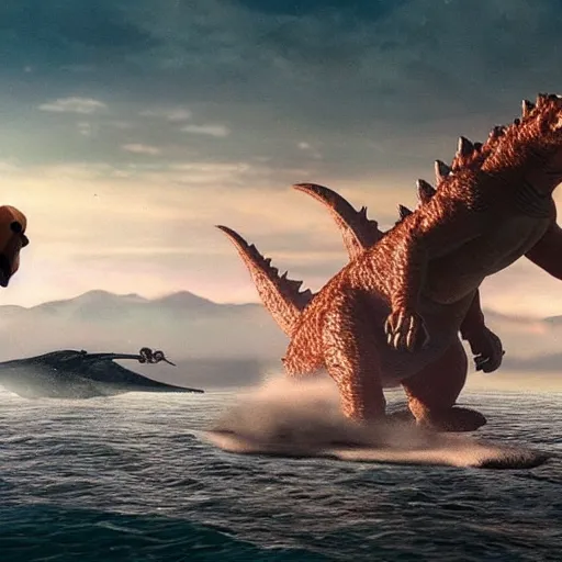 Prompt: masive 1 0 0 meters beagle dog fighting with godzilla over the sea, epic cinematic, 4 k, very high detail