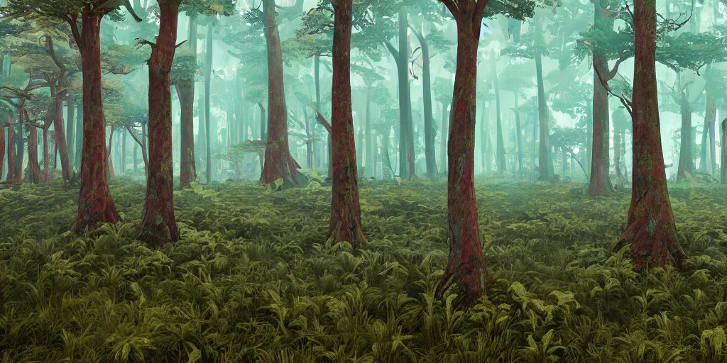 Prompt: abstract 3d landscape forest painting by james jean and David Schnell with 1000 year old trees painted in no mans sky style, redshift, octane