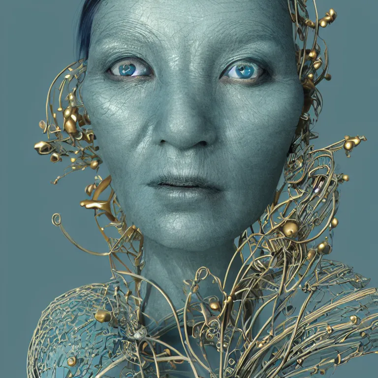 Prompt: cinema 4d colorful render, organic, ultra detailed, of a beautiful dark porcelain old woman face by Zeen Chin, translucid. biomechanical cyborg, analog, macro lens, beautiful natural soft rim light, big leaves and stems, roots, fine foliage lace, turquoise gold details, high fashion haute couture, art nouveau fashion embroidered, intricate details, mesh wire, mandelbrot fractal, anatomical, facial muscles, cable wires, elegant, hyper realistic, in front of dark flower pattern wallpaper, ultra detailed, in the style of Zeen Chin