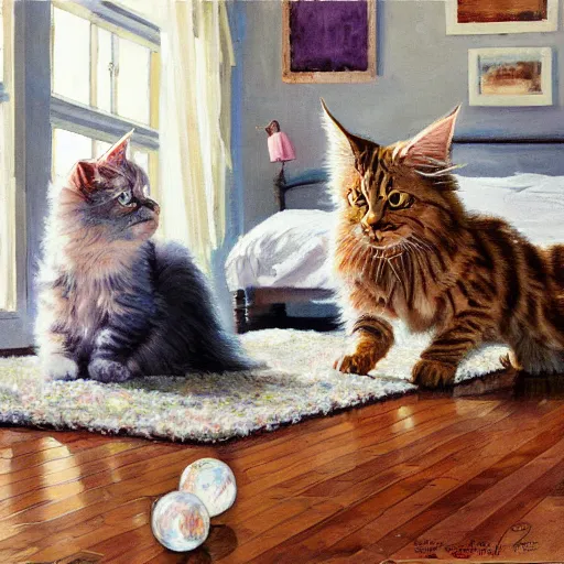 Image similar to cream color maine coon cat chasing a cat-toy-ball in a sunlit bedroom, hardwood floors with a colorful tattered old throw rug, bay window sofa in the background, fun, energetic, amusing, cute, funny, in style of Robert Hagan, trending on art station