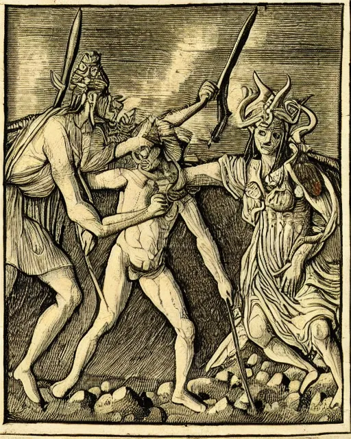 Prompt: devil fights angel, high detail, extremely detailed, very sharp, in the style of theodor de bry,