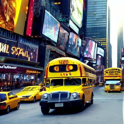 Image similar to giant snake eats yellow school bus, bus swallowed by giant snake, time square, cinematic, dramatic, film still
