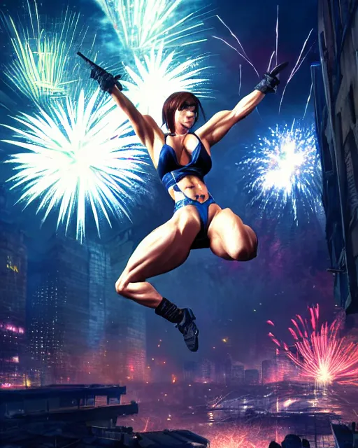 Image similar to gigachad jill valentine bodybuilder jumping in front of a fireworks show fighting in racoon city, fantasy character portrait, ultra realistic, anime key visual, full body concept art, intricate details, highly detailed by greg rutkowski, ilya kuvshinov, gaston bussiere, craig mullins, simon bisley