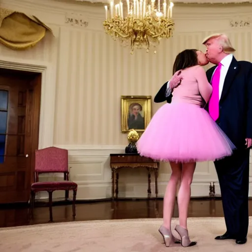 Image similar to Donald trump in a pink tutu, kissing Joe Biden, hyper realistic, 4k, 8k, White House, kissing