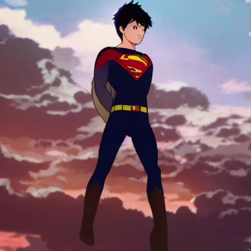 Image similar to Jon Kent superboy standing triumphantly. Anime still. Makoto shinkai. Kuvshinov ilya.