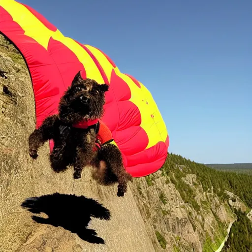 Image similar to a hairy dog with a big parachute jumping from a cliff