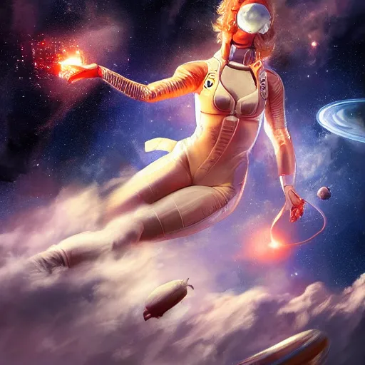 Image similar to photo of a woman alone in space in the style of stefan kostic, realistic, body shot, sharp focus, 8 k high definition, insanely detailed, intricate, elegant, art by stanley lau and artgerm, floating embers