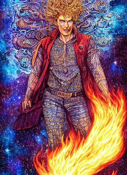 Image similar to high intricate colored ink drawing of the sandman holding a glimmering fire - galaxy, full shot, neil gaiman, maria panfilova, andrea savchenko, mike kime, ludovic plouffe, qi sheng luo, oliver cook, julian calle, eddie mendoza, trending on artstation