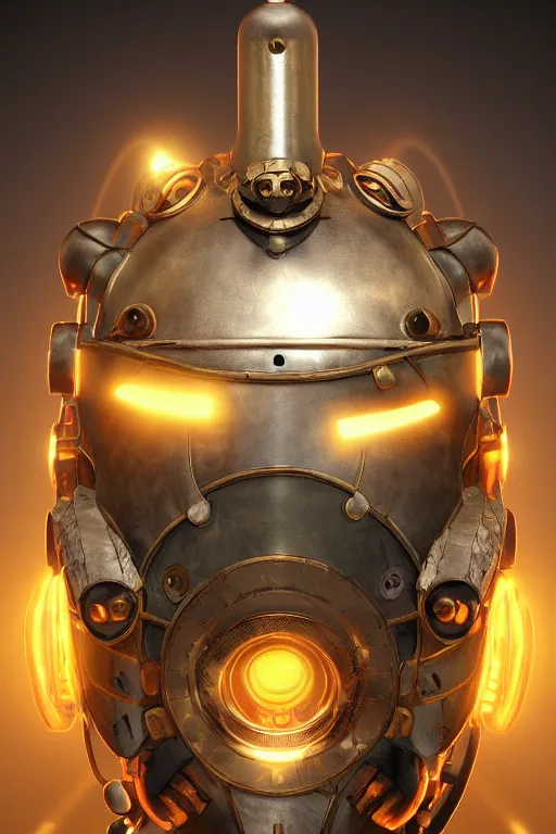 Image similar to steampunk mask minimalist fantasy art robot ninja helmet, global illumination ray tracing hdr fanart arstation by sung choi and eric pfeiffer and gabriel garza and casper konefal radiating a glowing aura