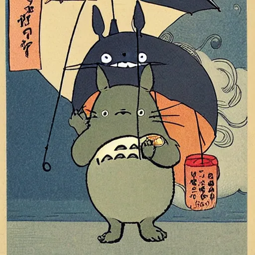Image similar to Totoro is holding an umbrella in the rain, ukiyo-e
