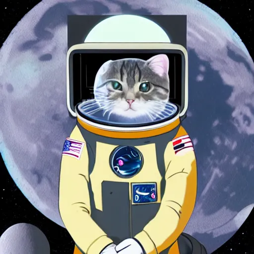 Image similar to light novel illustration cat wearing astronaut suit on the moon planet earth in the background sigma 1 4 mm f / 1. 8 astroied belt