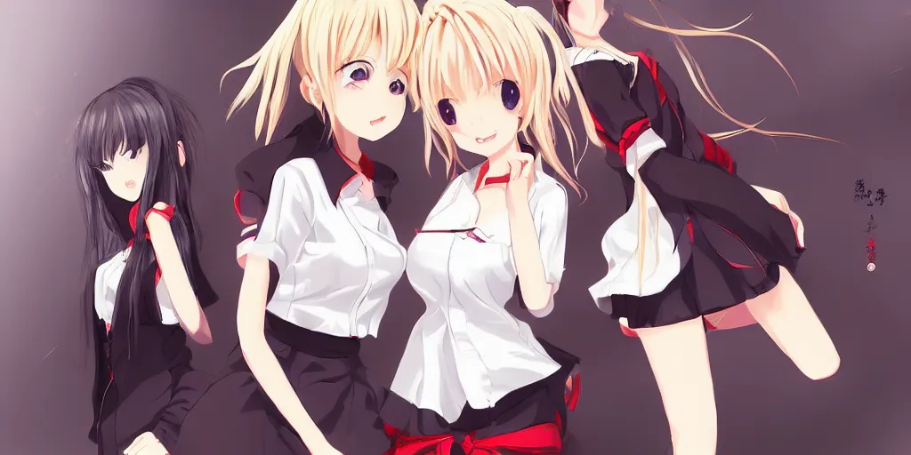 Prompt: advanced digital anime art, two seductive female teens with red eyes and blonde hair that is to waist length wearing a dark grey school outfit waiting in a classroom at night . drawn by Shikamimi, in the style of WLOP and RossDraws