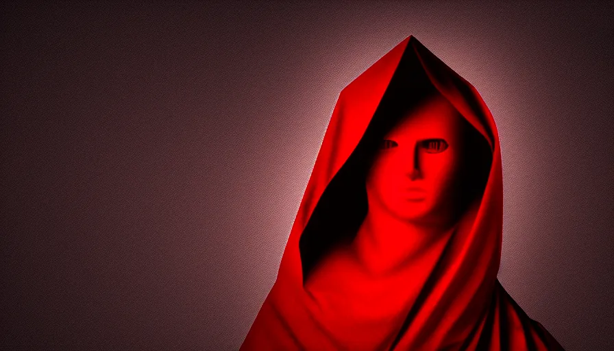 Image similar to enigmatic figure wrapped in red sheet in darkness, high contrast, hard light, digital art, rendering, cloth simulation, redshift