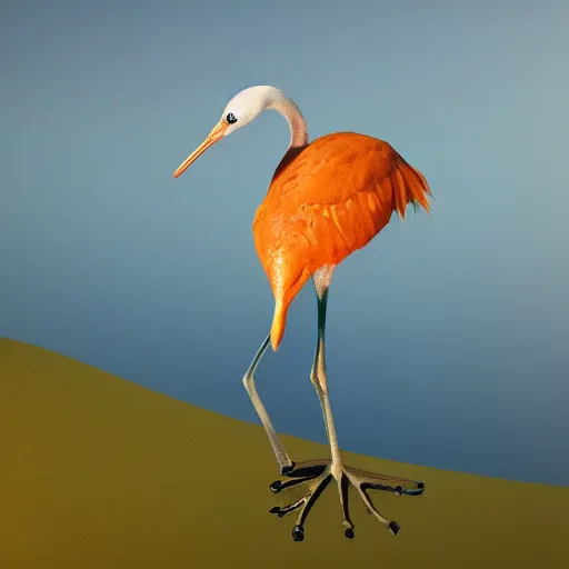 Image similar to a hybrid of a crane and a frog on the background of a blue sunset, photorealism, 4 k