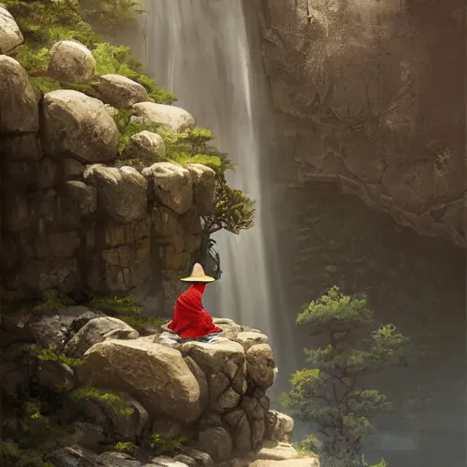 Prompt: A wise swordsman sitting meditating on a stone of a shaolin temple mount with a waterfall behind, artstation, Greg rutkowski, cinematic, digital Art