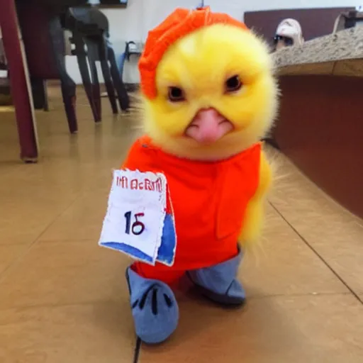 Image similar to cute baby chick dressed as an inmate