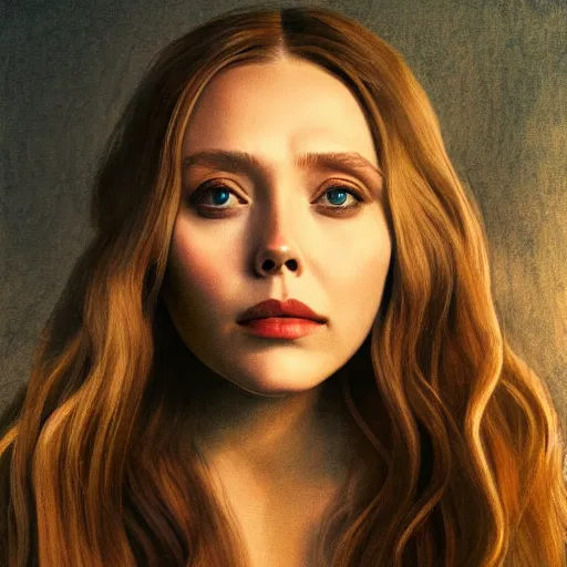 Prompt: Elizabeth Olsen in mellow lighting, illustrated by Leonardo DaVinci, trending on artstation, artstationHQ, artstationHD, 4k, 8k.