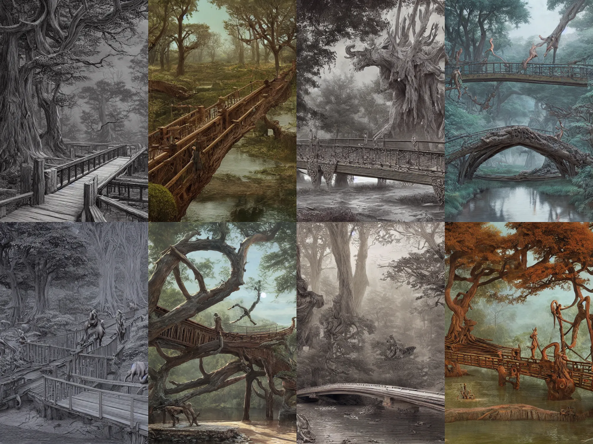 Prompt: an old wood bridge with sculptures, trees in the background, art by James Jean and Wayne Barlowe, high detail, cinematic, cgsociety 8k