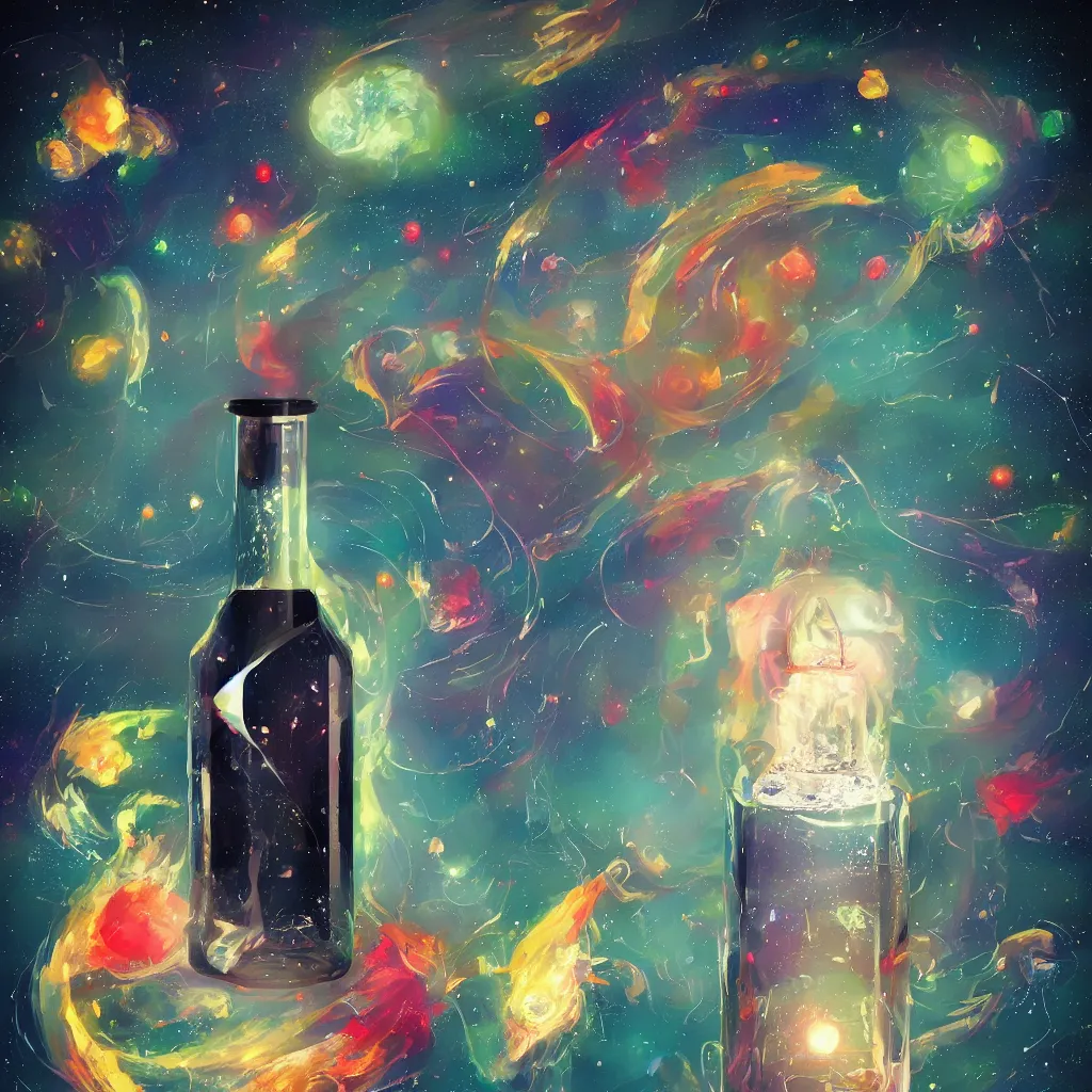 Image similar to the universe contained within a bottle, in a style of artstation