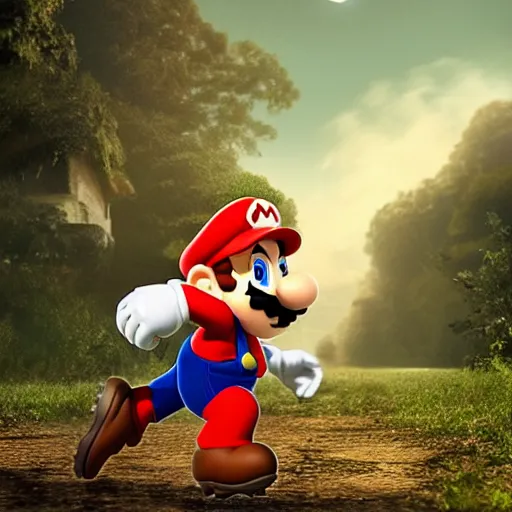 Prompt: Mario running away from his child, highly detailed, lifelike, photorealistic, sharp focus, intricate details, A24!film cinematography, unreal engine, cinematic, hyper realism, high detail, stars in sky, stars, moon,