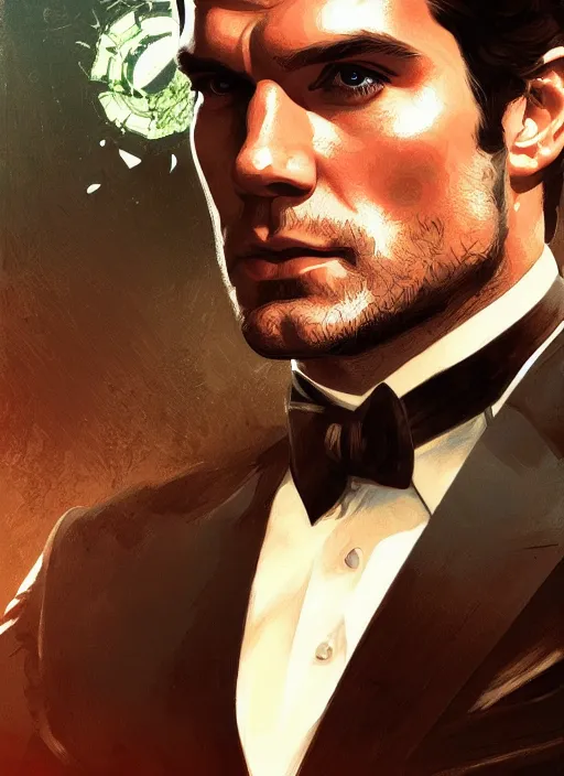 Image similar to portrait of henry cavill as james bond, casino, rain, key art, highly detailed, digital painting, artstation, concept art, cinematic lighting, sharp focus, illustration, art by artgerm and greg rutkowski and alphonse mucha