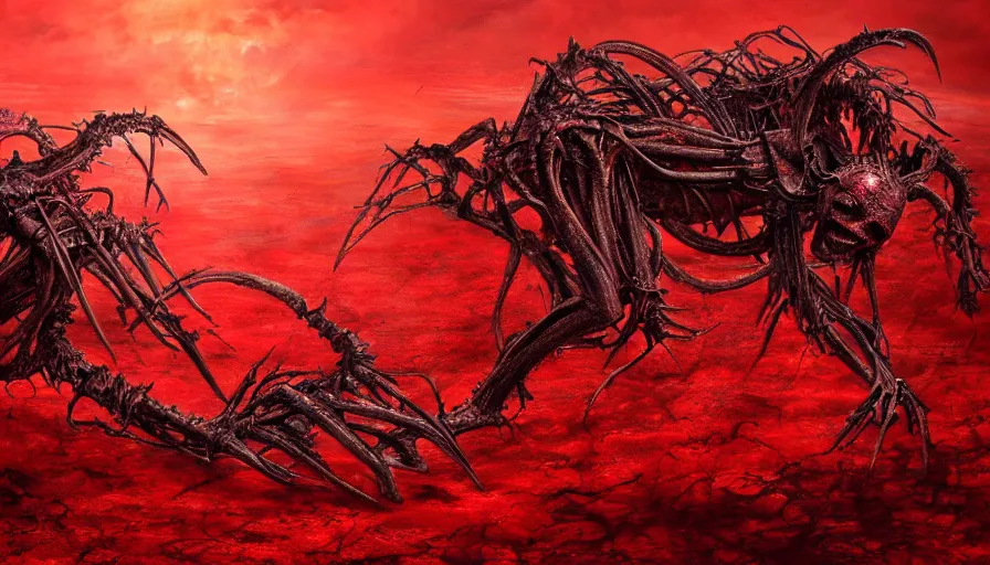 Image similar to landscape artwork of two demons hugging each other emerging from corpses in a red hellscape by Yoshitaka Amano, by HR Giger, full body wide shot, biomechanical, 4k, hyper detailed, hyperrealism, anime, red sky, blood and body parts, deviantart, artstation