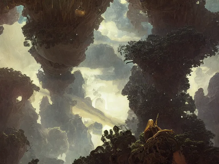 Prompt: an oil painting of a caynon on an alien planet with a fractal crystal floating above the ground reflecting light by carl spitzweg and tuomas korpi. baroque elements, full-length view. baroque element. intricate artwork by caravaggio. Trending on artstation. 8k