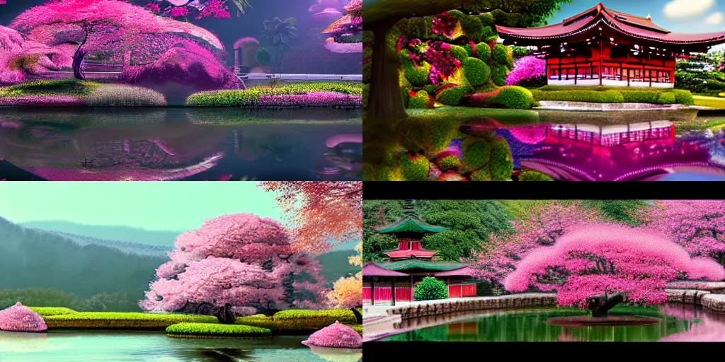 Prompt: Hyperdetailed masterpiece concept art, a wide shot of a pink Japanese garden with a temple in the middle, 4k Detailed Matte Illustration trending on ArtStation