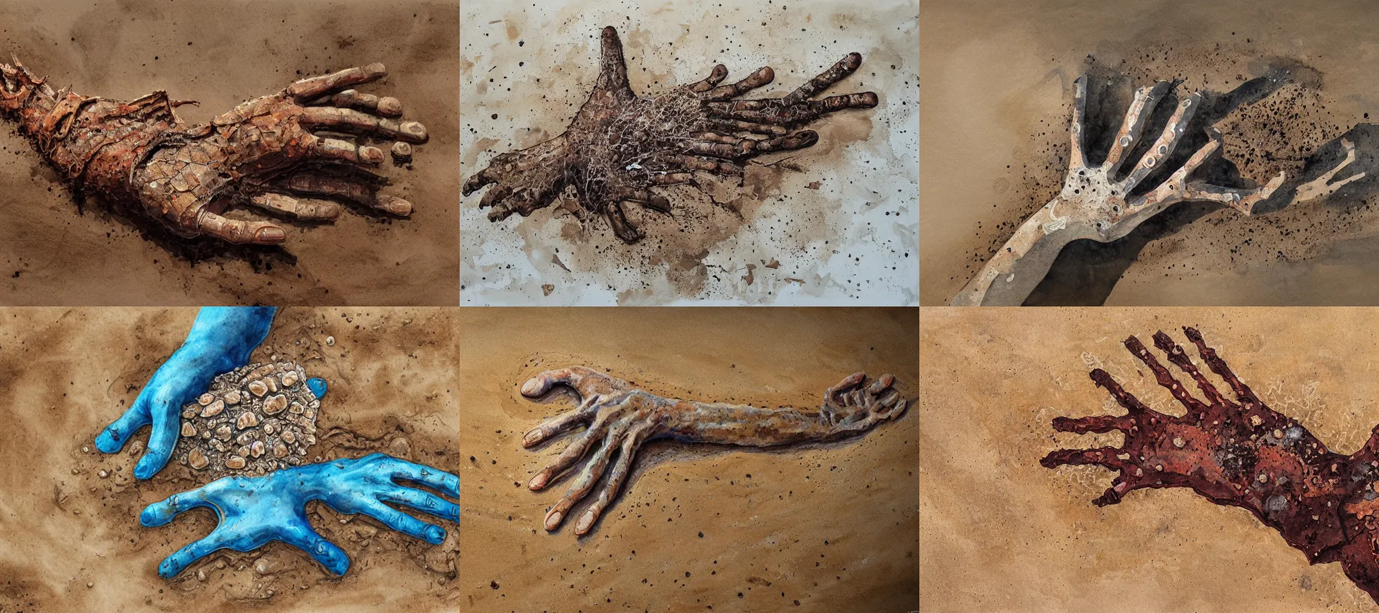 Prompt: a giant rusty broken collossis hand lying abandoned in the desert, covered in sand, hand poking up through sand, obscured, highly detailed watercolour, sand swirling, trending on art station, detailed and intricate environment