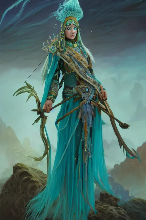 Prompt: beautiful wizard female with teal skin, full body shot, long hair made of algae, egyptian clothing, with a wooden stuff and a crossbow, d & d, fantasy, intricate, elegant, highly detailed, digital painting, artstation, concept art, matte, sharp focus, illustration, hearthstone, art by artgerm and greg rutkowski and alphonse mucha