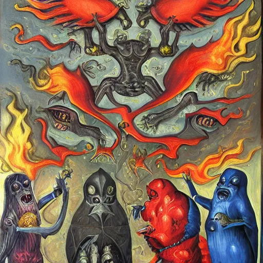 Image similar to medieval bestiary of repressed emotion monsters and creatures starting a fiery revolution in the psyche, surreal oil on canvas