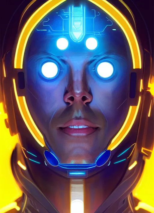 Prompt: symmetry portrait of a man with a grin, sci - fi, tech wear, blue and yellow glowing lights, intricate, elegant, highly detailed, digital painting, artstation, concept art, smooth, sharp focus, illustration, art by artgerm and greg rutkowski and alphonse mucha