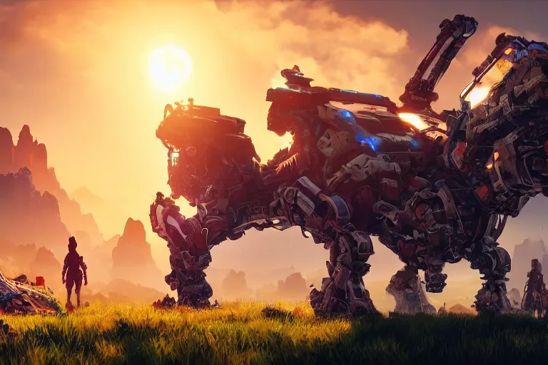 Image similar to grazer machine creature robot of horizon forbidden west horizon zero dawn radiating a glowing aura global illumination ray tracing hdr fanart arstation by ian pesty and alena aenami artworks in 4 k