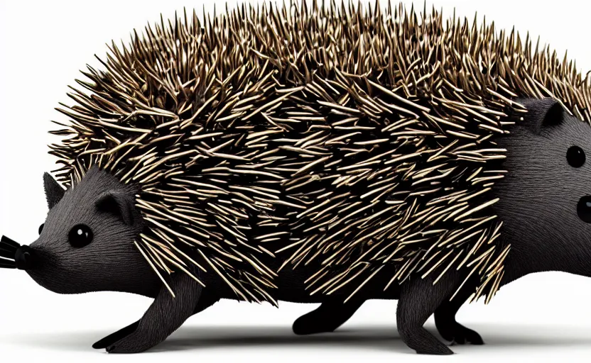 Prompt: a cute 3d cartoon hedgehog with big and sharp iron metallic razor spikes on his back