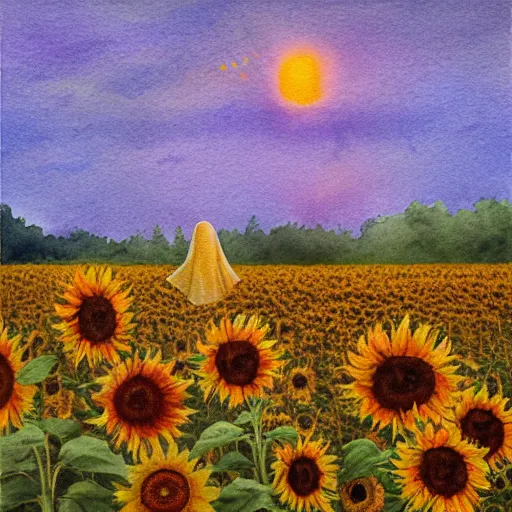 Prompt: Bedsheet Ghost in a field of sunflowers, sunset, Watercolor, photorealistic, high resolution, award winning, trending on artstation