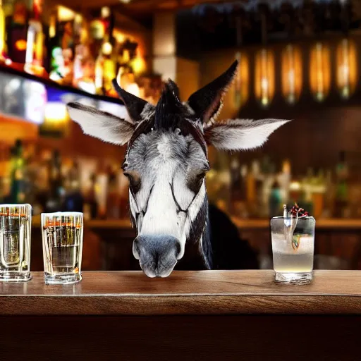 Image similar to surreal, fuzzy mule, sitting at a bar, taps, bar lighting, giant eyes, bubbles in the air, hyper realistic, 8k