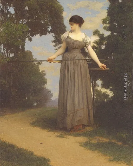 Prompt: a young woman standing on a country town street, painterly, offset printing technique, by alexandre cabanel