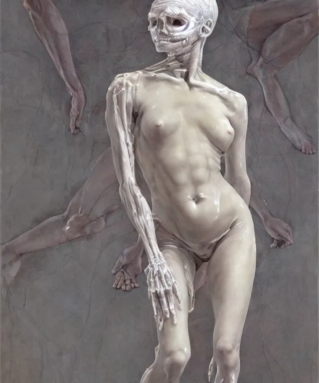 Image similar to Beautiful full-body wax sculpture of glowing transparent woman with visible bones covered with melted white candle wax inside the singularity where stars becoming baroque folds of dark matter by Michelangelo da Caravaggio, Nicola Samori, William Blake, Alex Grey and Beksinski, dramatic volumetric lighting, highly detailed oil painting, 8k, masterpiece