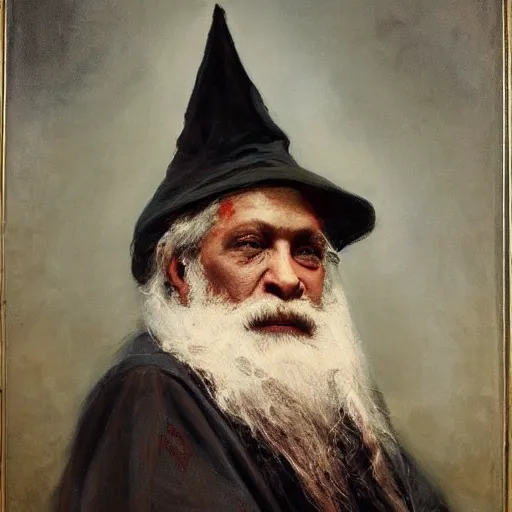 Image similar to Solomon Joseph Solomon and Richard Schmid and Jeremy Lipking victorian genre painting portrait painting of a old rugged actor wizard wearing a wizard hat and robe from the hobbit , red background