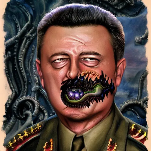 Image similar to igor ivanovich strelkov became an aggressive lovecraftian degenerate calling for total mobilization, photo - realistic, color image, 2 k, highly detailed, bodyhorror, occult art